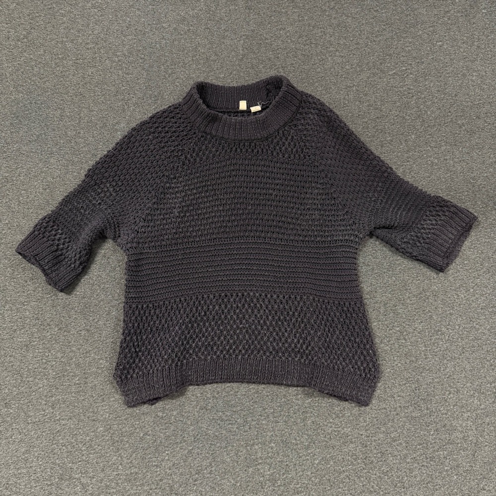 Anthropologie Moth Sweater Women XS Grey Short Sleeve Open Knit Mock Neck Raglan